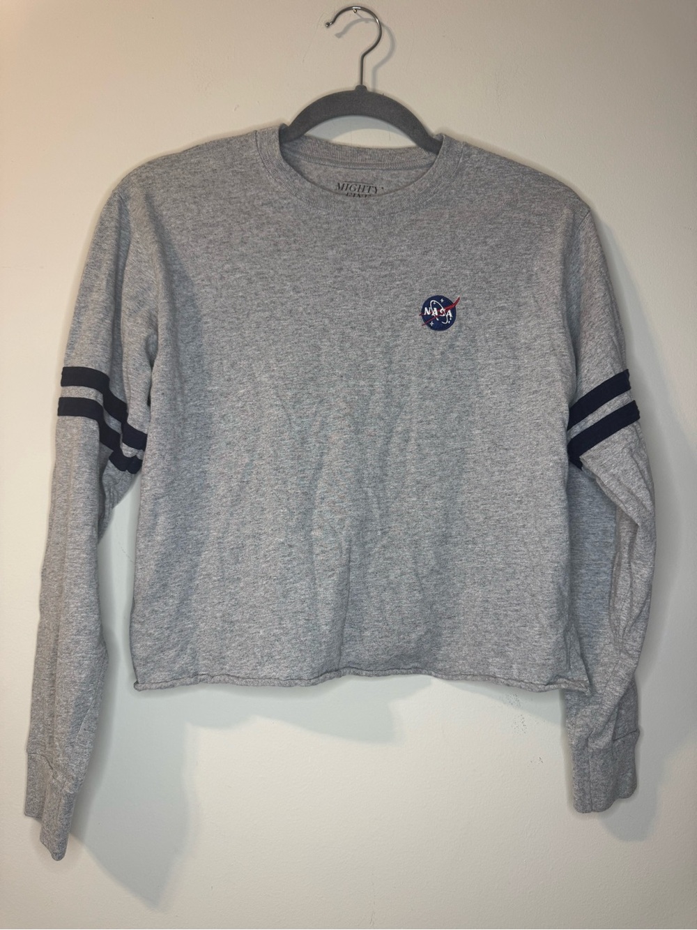 Mighty Fine NASA Cropped Long Sleeve Tee Gray Striped Sleeves Size M